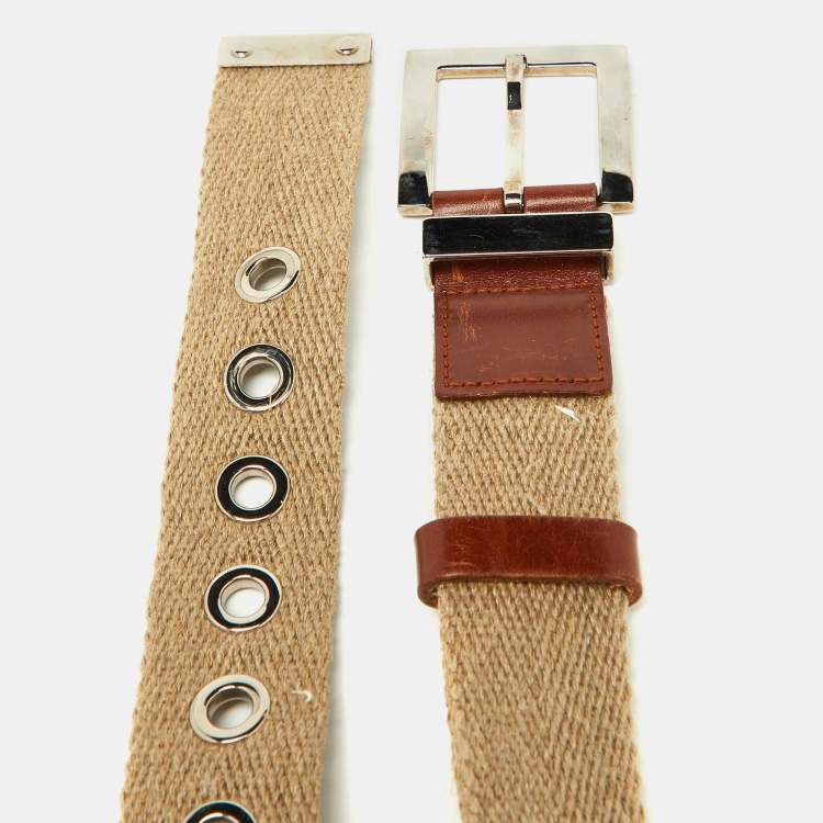 Pre Owned Dolce & Gabbana Beige Canvas and Leather Plaque Detail Waist Belt 65CM