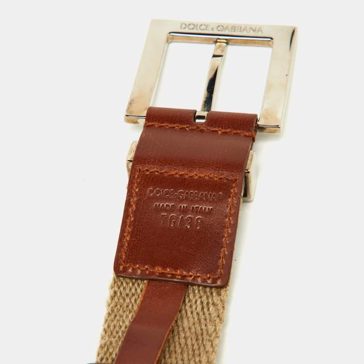 Pre Owned Dolce & Gabbana Beige Canvas and Leather Plaque Detail Waist Belt 65CM