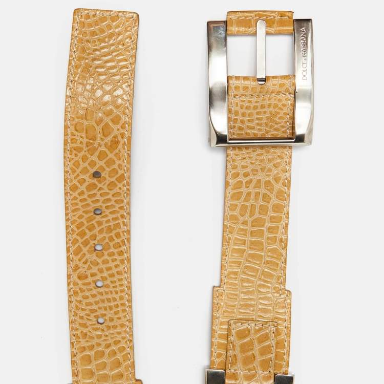 Pre Owned Dolce & Gabbana Cream Croc Embossed Leather Buckle Belt