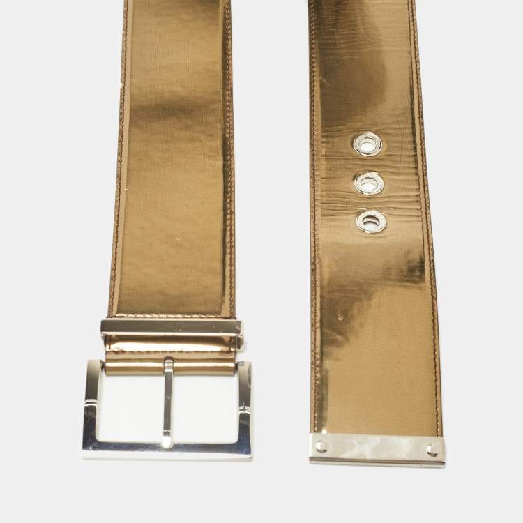 Pre Owned Dolce & Gabbana Gold Patent Leather Logo Plaque Wide Belt 85CM
