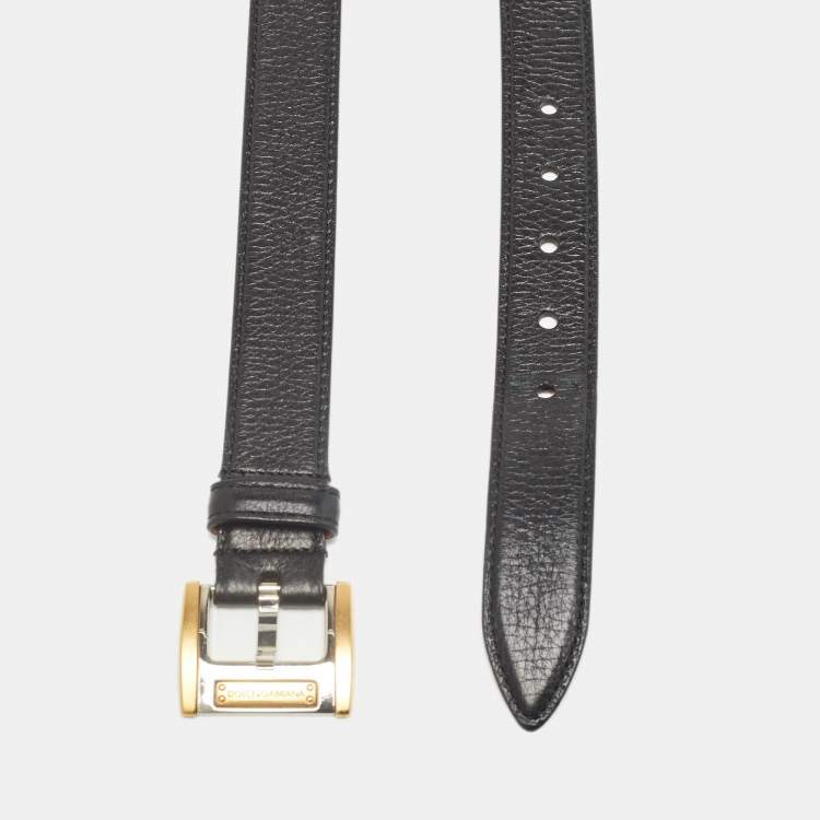 Pre Owned Dolce & Gabbana Black Leather Logo Buckle Belt 85CM