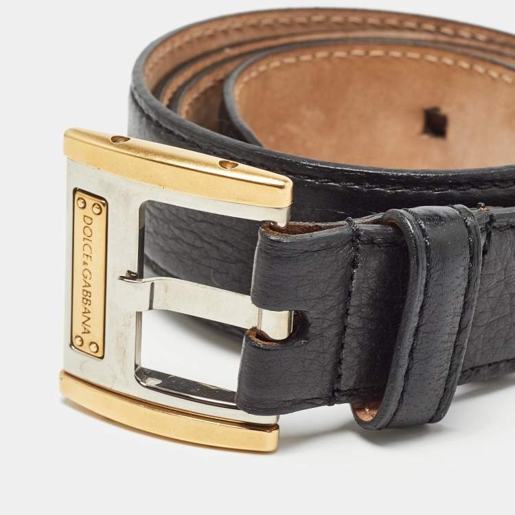 Pre Owned Dolce & Gabbana Black Leather Logo Buckle Belt 85CM
