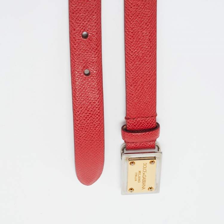 Pre Owned Dolce & Gabbana Red Leather Logo Plaque Slim Belt 85 CM