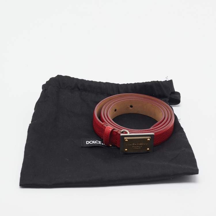 Pre Owned Dolce & Gabbana Red Leather Logo Plaque Slim Belt 85 CM