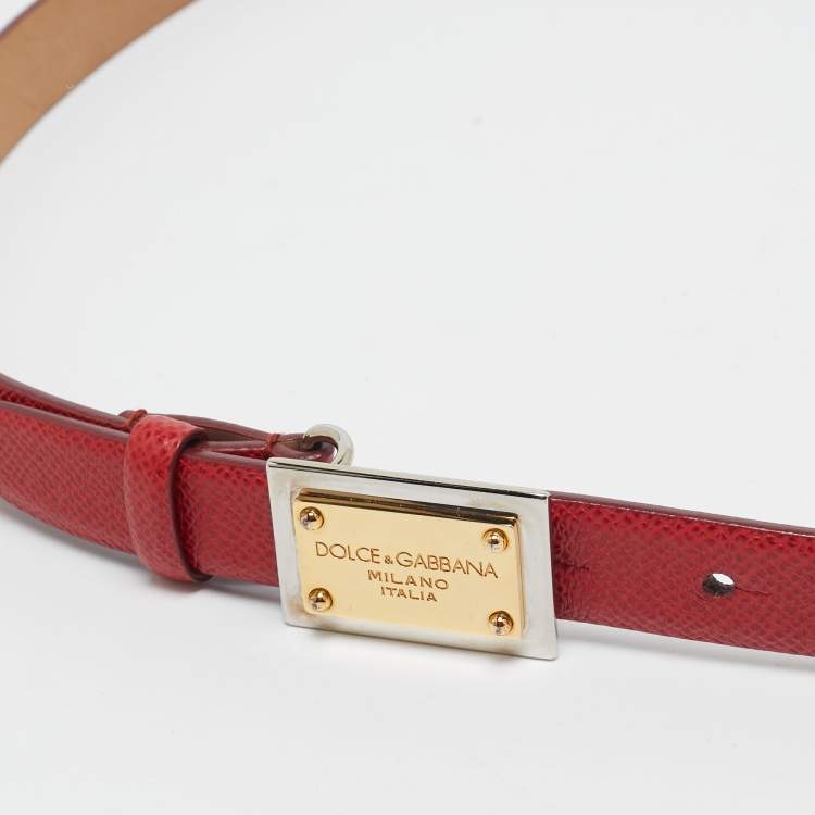 Pre Owned Dolce & Gabbana Red Leather Logo Plaque Slim Belt 85 CM