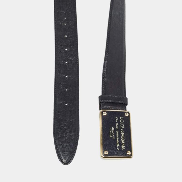 Pre Owned Dolce & Gabbana Black Leather Logo Plaque Buckle Belt 80 CM