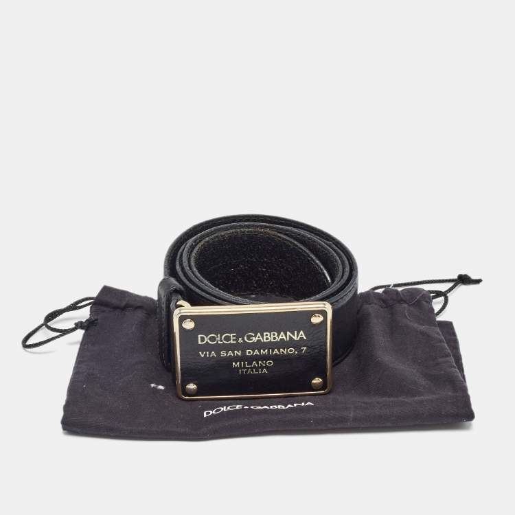 Pre Owned Dolce & Gabbana Black Leather Logo Plaque Buckle Belt 80 CM