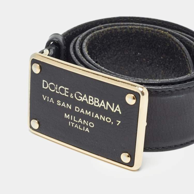Pre Owned Dolce & Gabbana Black Leather Logo Plaque Buckle Belt 80 CM