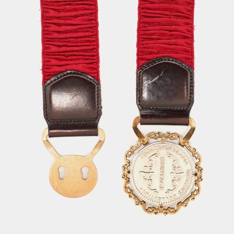 Pre Owned Dolce & Gabbana Red Elastic Gaufre Heritage Buckle Belt 70CM 