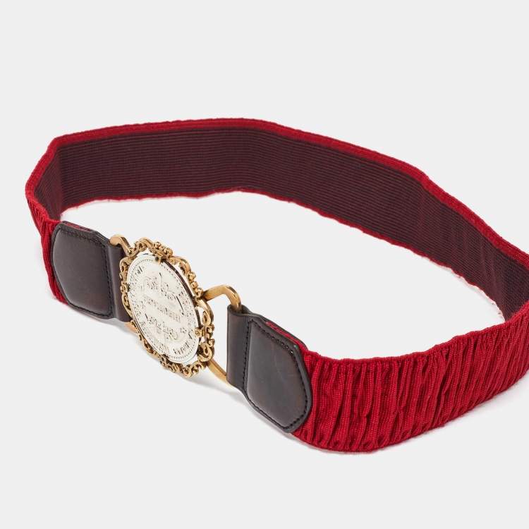 Pre Owned Dolce & Gabbana Red Elastic Gaufre Heritage Buckle Belt 70CM 