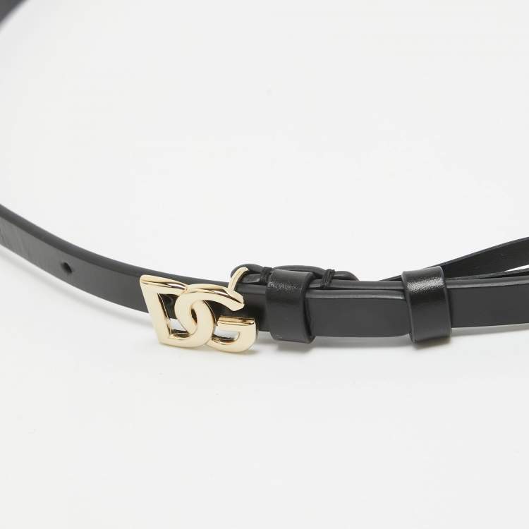 Pre Owned Dolce & Gabbana Black Leather DG Logo Slim Belt 70 CM