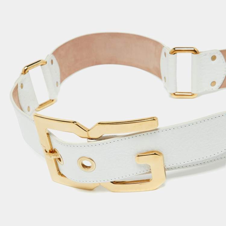 Pre Owned Dolce & Gabbana Off White Leather DG Logo Buckle Waist Belt 85CM