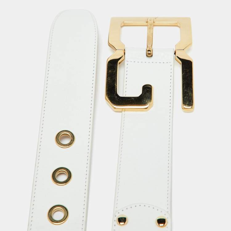 Pre Owned Dolce & Gabbana Off White Leather DG Logo Buckle Waist Belt 85CM