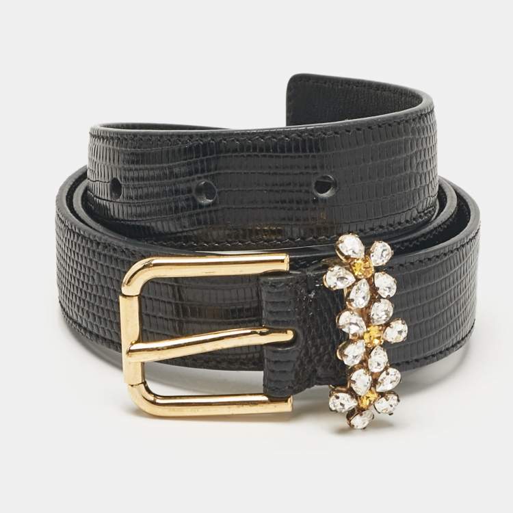 Pre Owned Dolce & Gabbana Black Lizard Embossed Leather Floral Crystals Buckle Belt 80CM