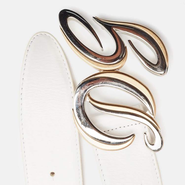 مملوكة مسبقًا Dolce & Gabbana White Leather DG Logo Buckle Belt 95CM