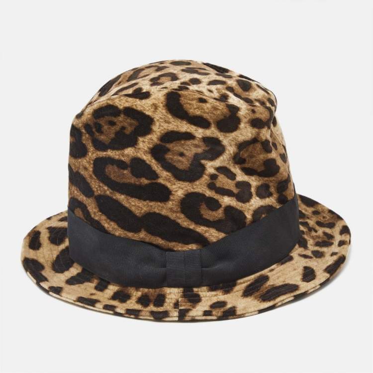Pre Owned Dolce & Gabbana Brown Leopard Print Velvet Fedora Hat M