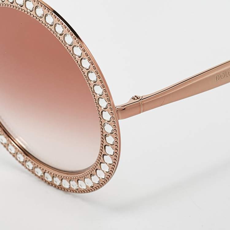 Pre Owned Dolce & Gabbana Rose Gold Gradient  D 2170-B Crystals Embellished Round Sunglasses