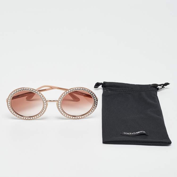 Pre Owned Dolce & Gabbana Rose Gold Gradient  D 2170-B Crystals Embellished Round Sunglasses