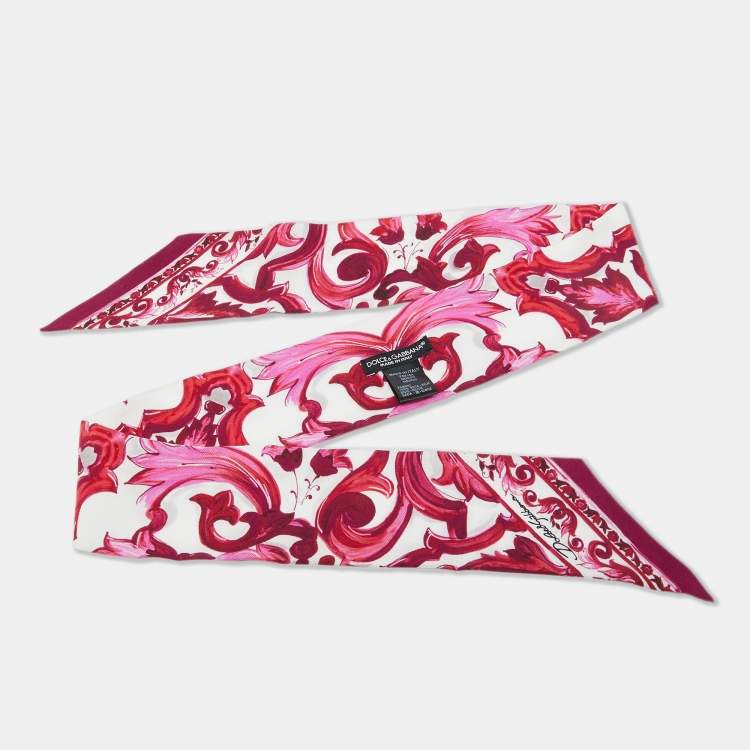 Pre Owned Dolce & Gabbana Pink/White Majolica Print Silk Bandeau Head Scarf