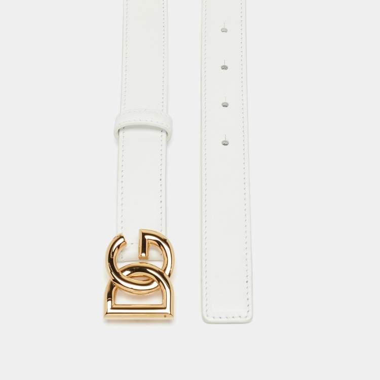 Pre Owned Dolce & Gabbana White Leather DG Logo Slim Belt 70CM