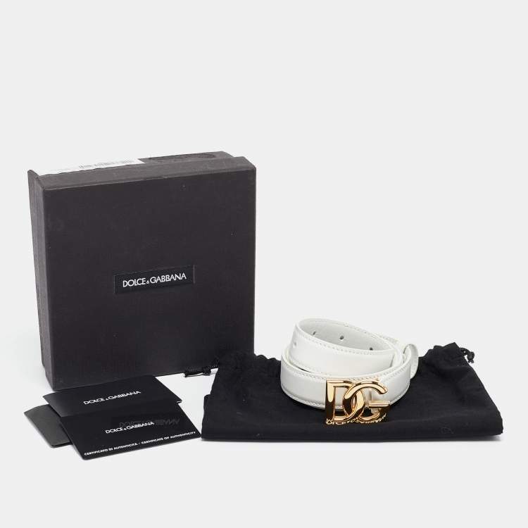 Pre Owned Dolce & Gabbana White Leather DG Logo Slim Belt 70CM