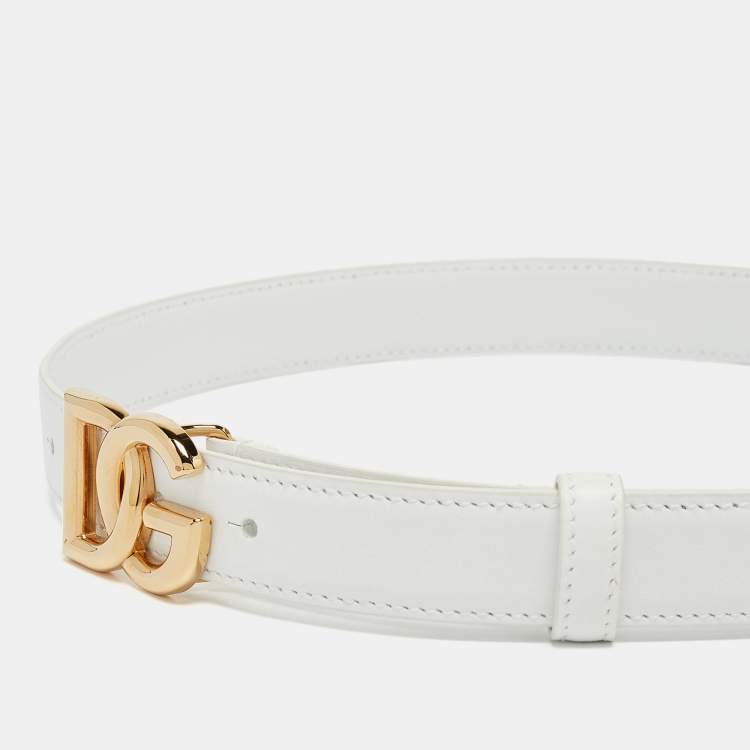 Pre Owned Dolce & Gabbana White Leather DG Logo Slim Belt 70CM
