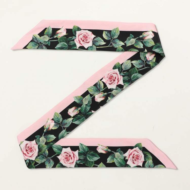 Pre Owned Dolce & Gabbana Pink Rose Print Silk Bandeau Scarf