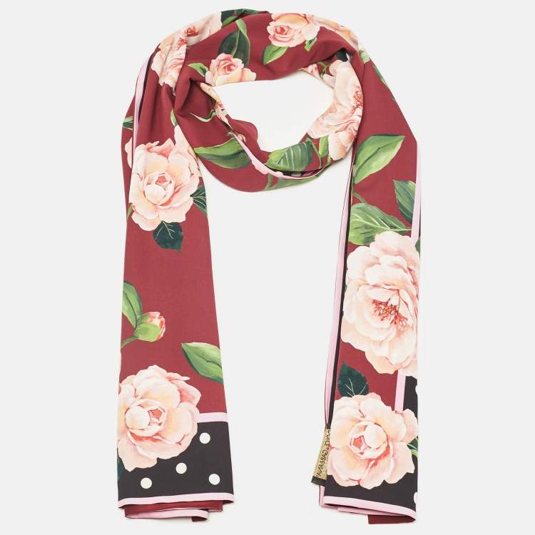 Pre Owned Dolce & Gabbana Exclusive Burgundy Rose Print Silk Scarf