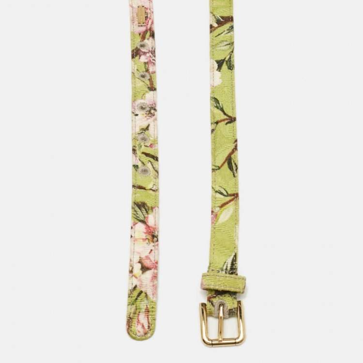 Pre Owned Dolce & Gabbana Green Floral Print Fabric Slim Buckle Belt 75CM