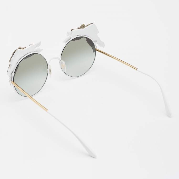 Pre Owned Dolce & Gabbana White/Black Gradient DG 2186 Floral Embellished Round Sunglasses