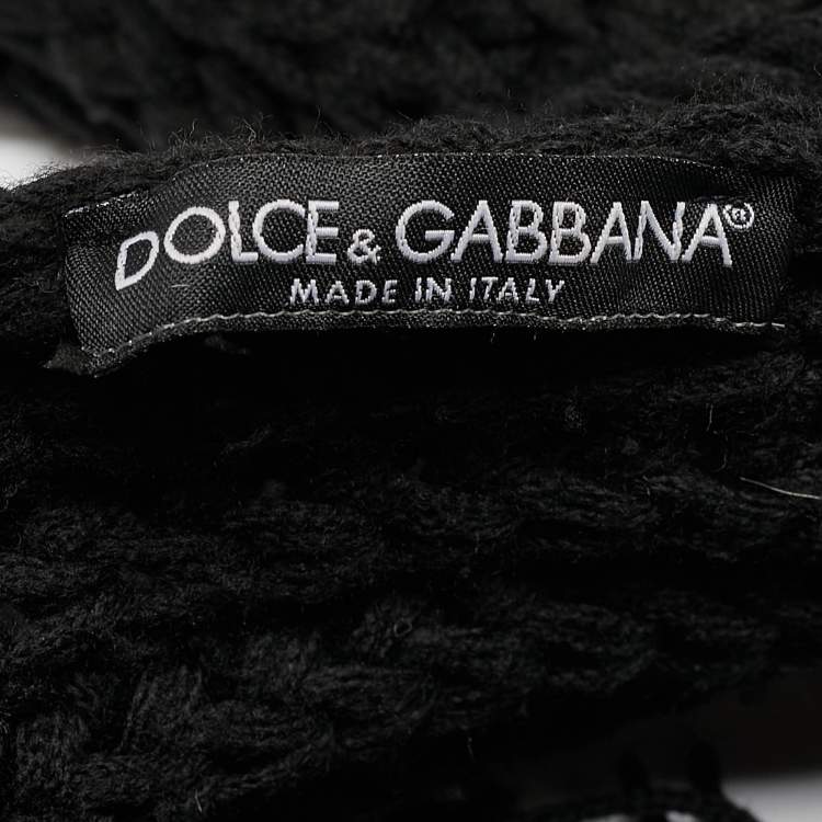 Pre Owned Dolce & Gabbana Black Crochet Rib Knit Fringed Stole 