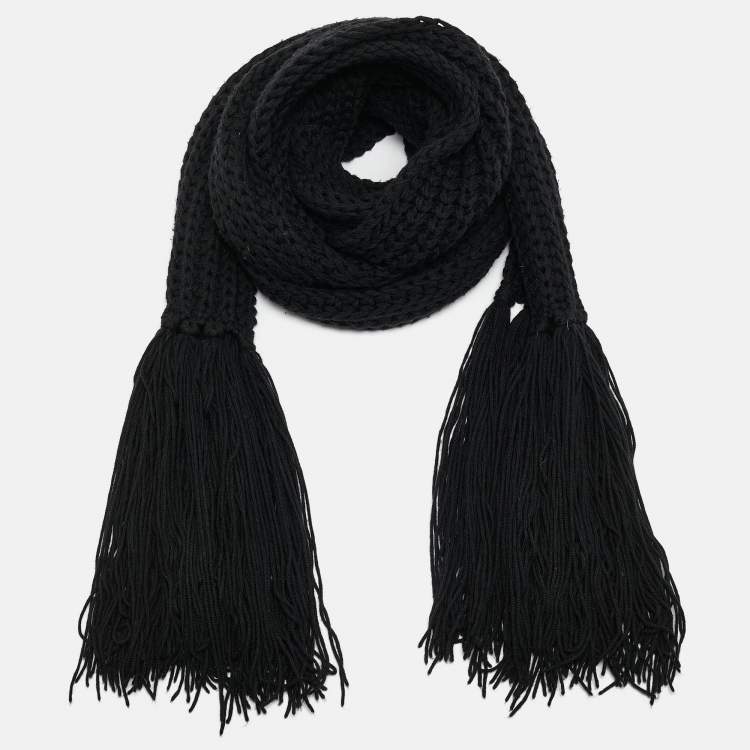 Pre Owned Dolce & Gabbana Black Crochet Rib Knit Fringed Stole 