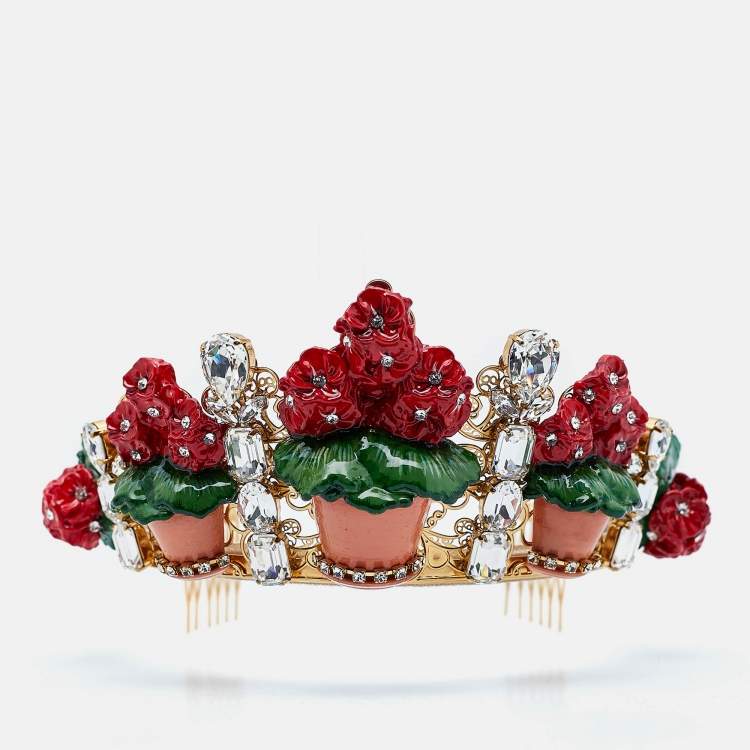 Pre Owned Dolce & Gabbana Crystal Composite Geranium Filigree Diadem Tiara Crown 