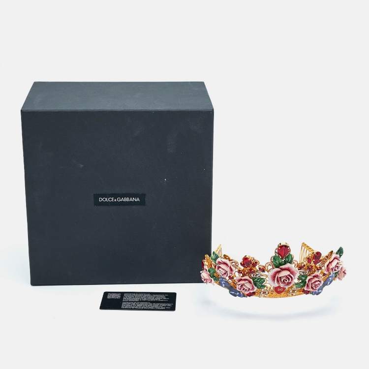 Pre Owned Dolce & Gabbana  Flower Crystals Enamel Composite Gold Tone Tiara Crown