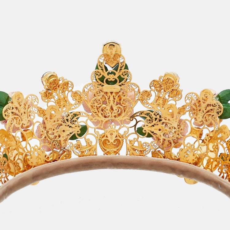 Pre Owned Dolce & Gabbana  Flower Crystals Enamel Composite Gold Tone Tiara Crown