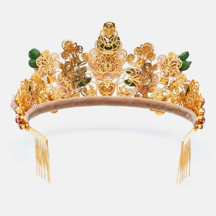 Pre Owned Dolce & Gabbana  Flower Crystals Enamel Composite Gold Tone Tiara Crown