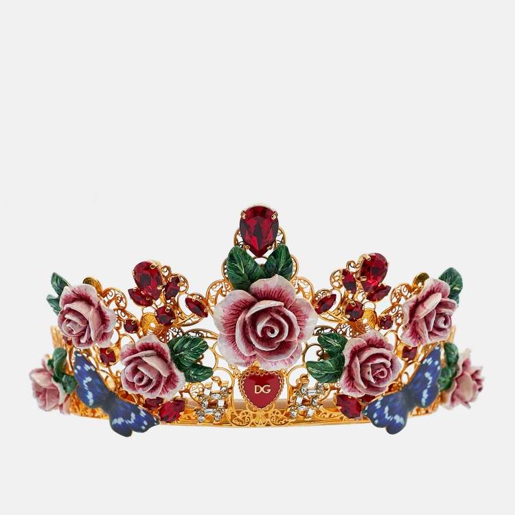Pre Owned Dolce & Gabbana  Flower Crystals Enamel Composite Gold Tone Tiara Crown