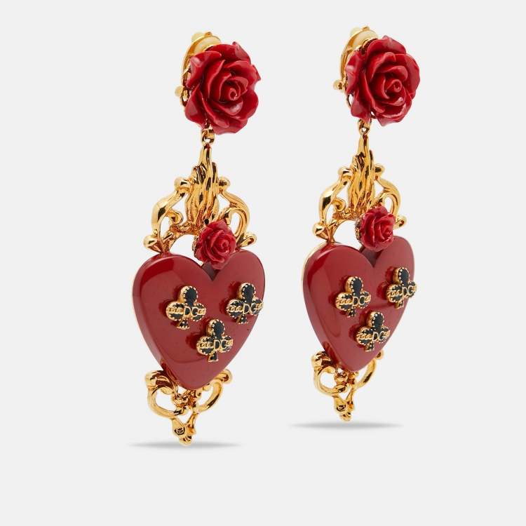 Pre Owned Dolce & Gabbana Fleur de Lis Heart Resin Enamel Gold Tone Long Earrings