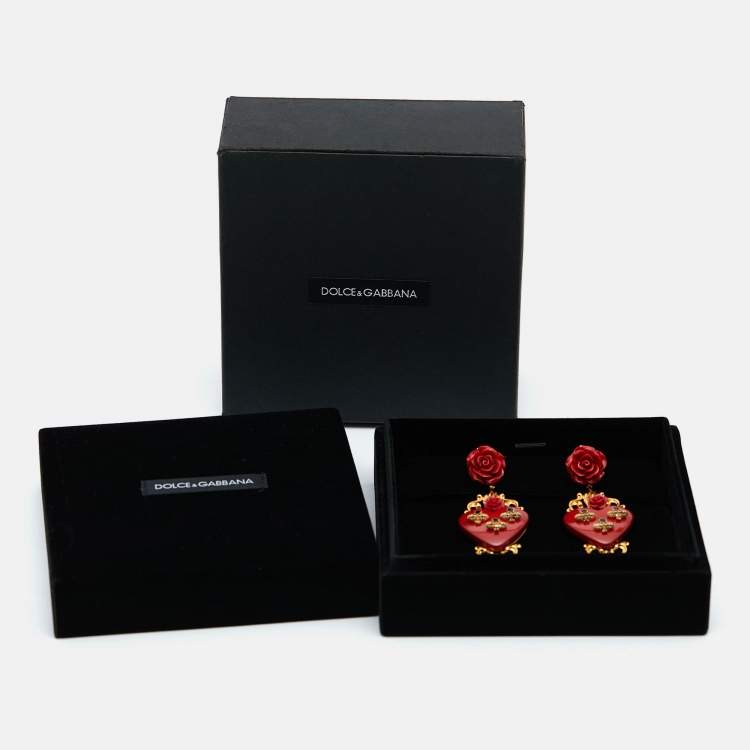 Pre Owned Dolce & Gabbana Fleur de Lis Heart Resin Enamel Gold Tone Long Earrings