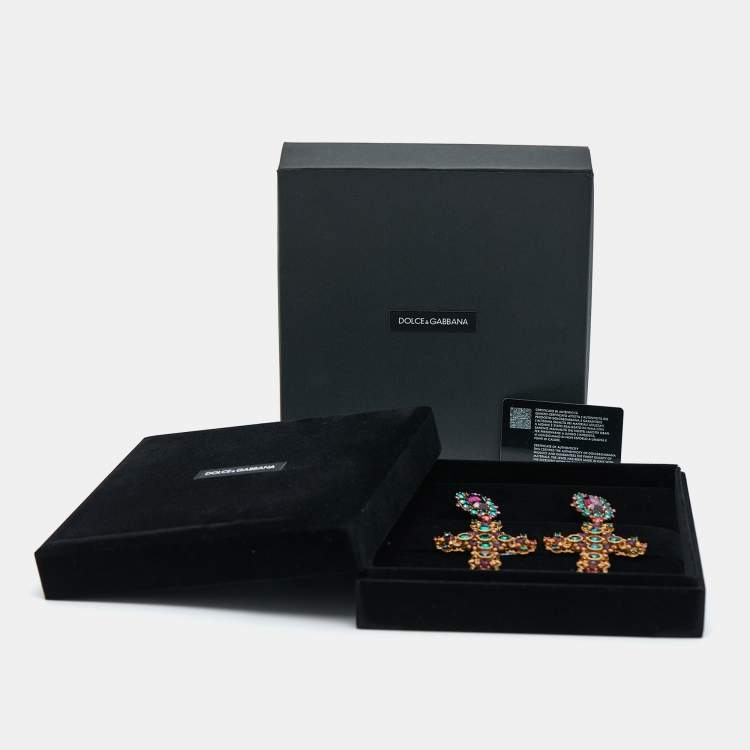 Pre Owned Dolce & Gabbana Cross Crystals Gold Tone Earrings