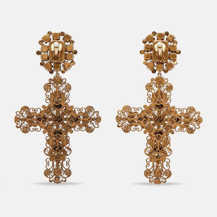 Pre Owned Dolce & Gabbana Cross Crystals Gold Tone Earrings
