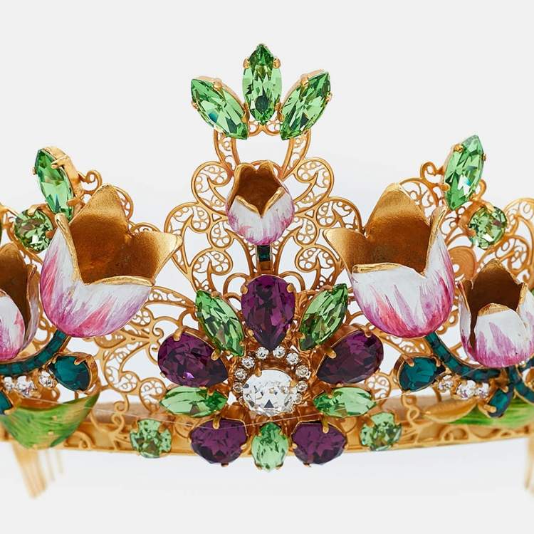 Pre Owned Dolce & Gabbana Gold Tone Flower & Crystal Embellished Tiara