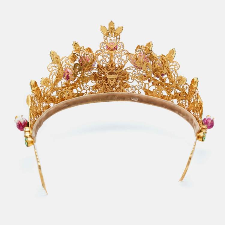 Pre Owned Dolce & Gabbana Gold Tone Flower & Crystal Embellished Tiara