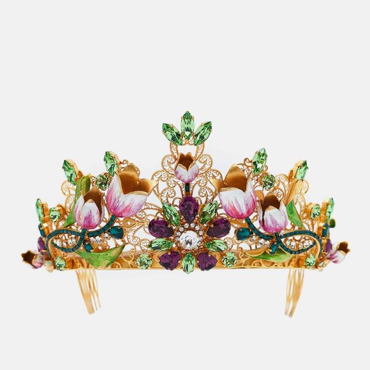 Pre Owned Dolce & Gabbana Gold Tone Flower & Crystal Embellished Tiara