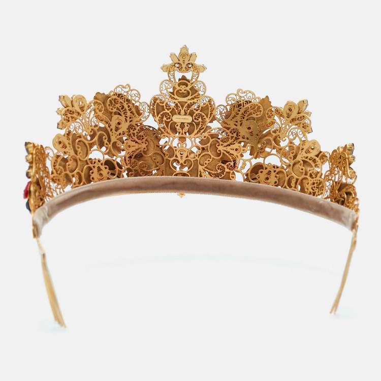 Pre Owned Dolce & Gabbana Gold Tone Resin Beetle & Crystal Embellished Tiara