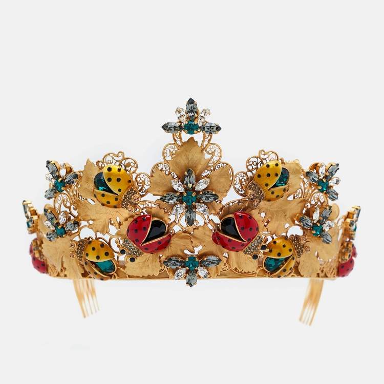 Pre Owned Dolce & Gabbana Gold Tone Resin Beetle & Crystal Embellished Tiara