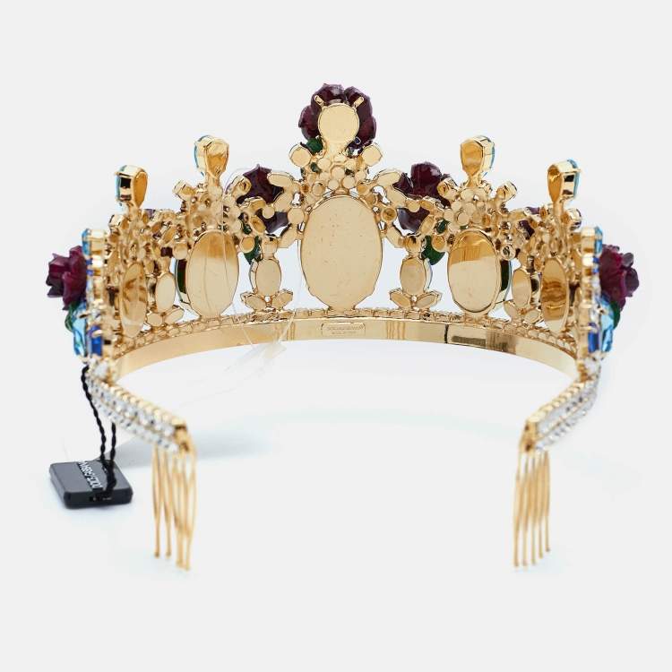 Pre Owned Dolce & Gabbana Gold Tone Resin Flower & Crystal Embellished Tiara