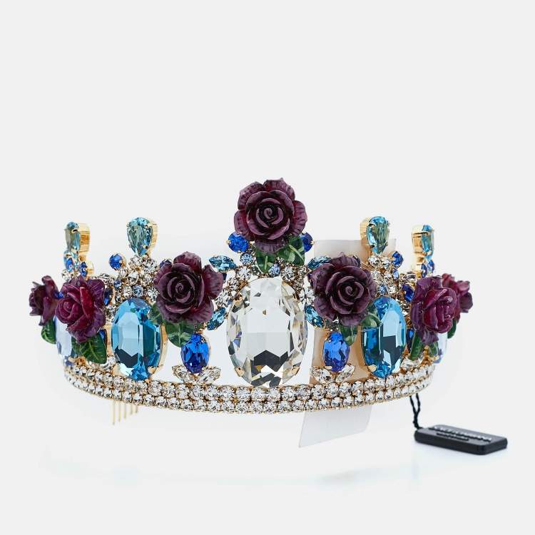 Pre Owned Dolce & Gabbana Gold Tone Resin Flower & Crystal Embellished Tiara