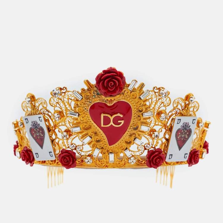 Pre Owned Dolce & Gabbana Gold Tone Resin Heart & Crystal Embellished Tiara