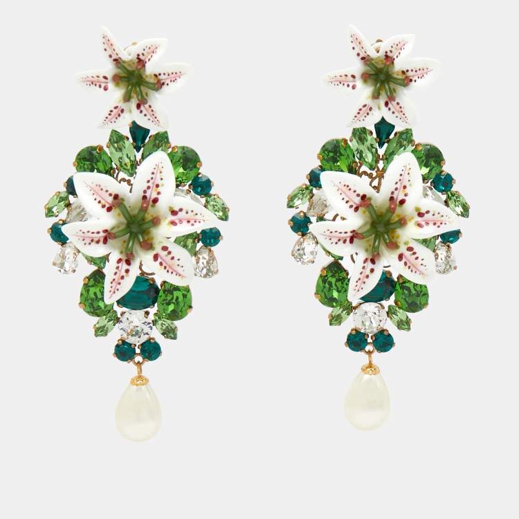 Pre Owned Dolce & Gabbana  Crystal Faux Pearl Resin Lily Gold Tone Earrings